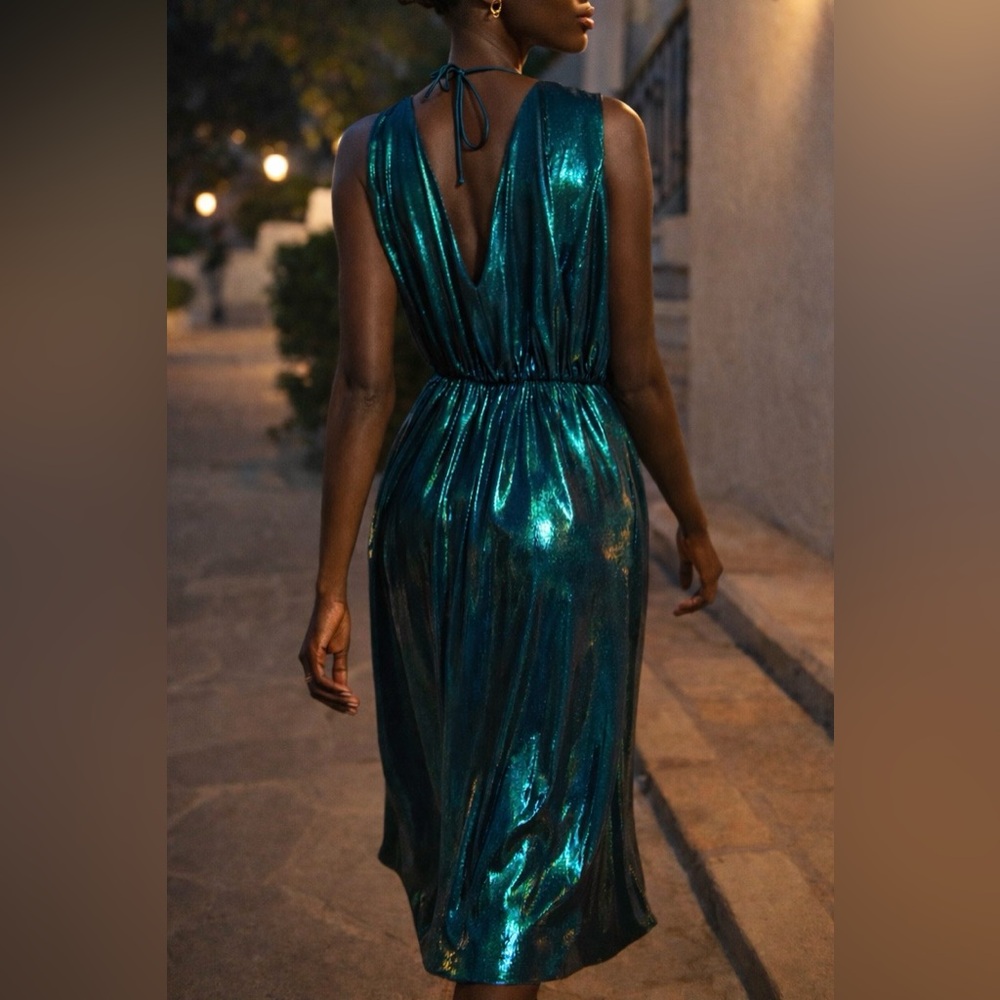 Zara Shimmery Teal Wrap-Style Midi Dress